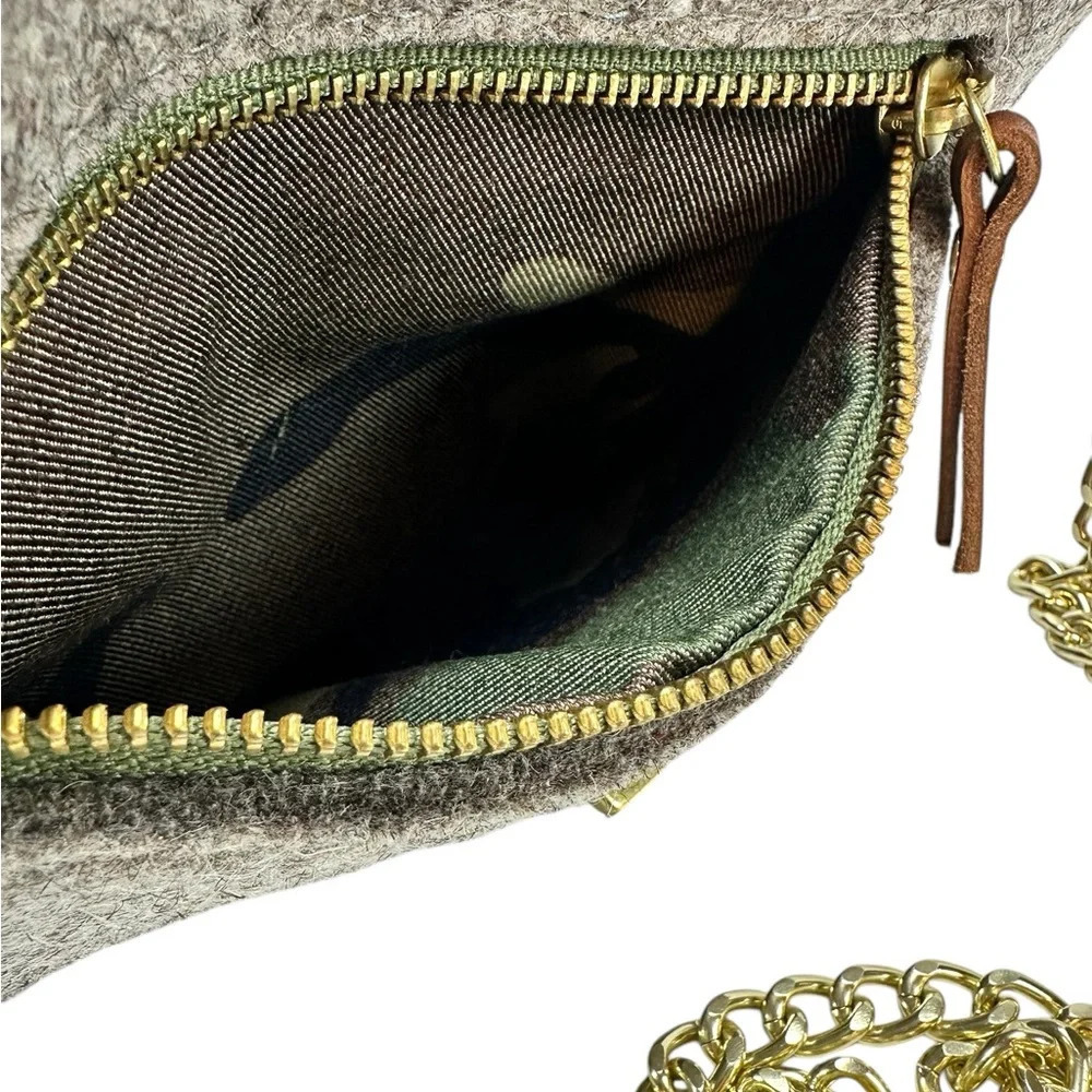 SWORD & PLOUGH Grey Wool Crossbody Bag - Brown Leather Gold Chain - Picture 3 of 9